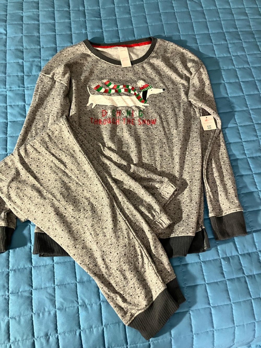 Secret Treasures Gray Pajama Set with Red & Green Dachshund Accent
